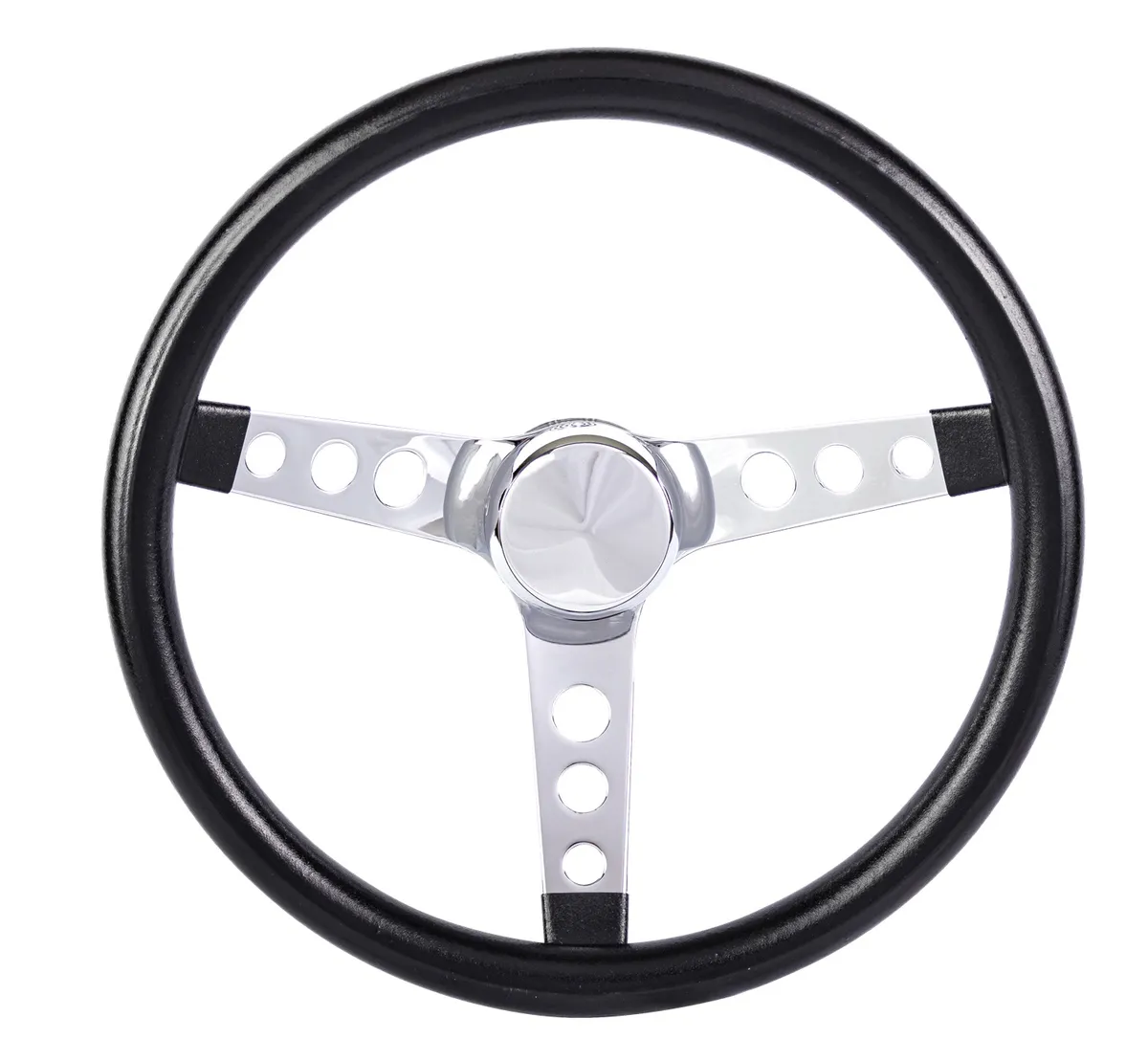 Classic Series Steering Wheel; 13 1/2 in. Diameter; 2 in. Shallow Dish; Black Foam Cushion Grip; Chrome 3-Spoke Design; product image