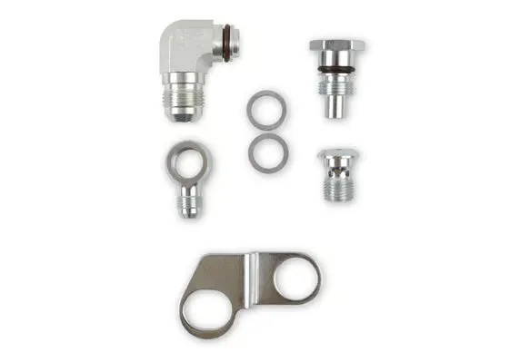 Earl's Remote Reservoir Adapter Kit for Saginaw Type II Power Steering Pumps Includes -10 AN Reservoir Fitting, Flow Valve, Retaining Bracket, -6 AN Banjo Pressure Fitting, and Banjo Bolt with Crush Washers product image