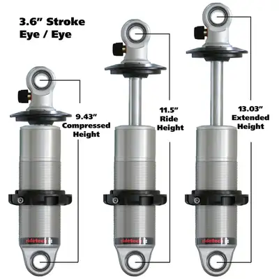 Ridetech HQ Coil-Over Shock W/ 3.6 Inch Stroke And 1.7 Inch Eye Mount Universal 1 Rebound Adjustable Shockspring Mounts Delrin Spring Washers And Bearing Spacers 1/2 Inch And 5/8 Inch 9.4 Inch X 13 Inch W/ A 11.25 -11.5 Inch Ride Height Ridetech