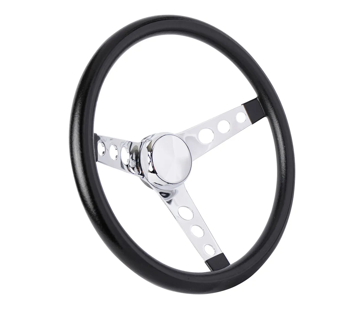 Classic Series Steering Wheel; 13 1/2 in. Diameter; 2 in. Shallow Dish; Black Foam Cushion Grip; Chrome 3-Spoke Design; product image