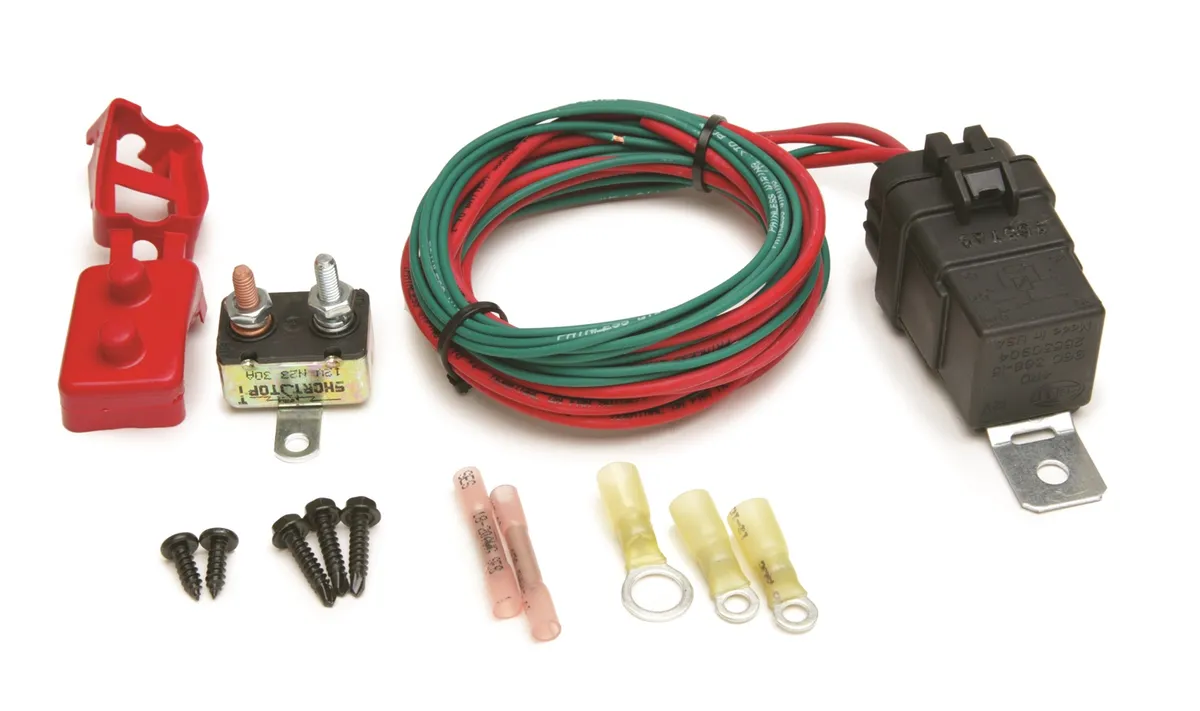 Weatherproof PCM Controlled Fan Relay Kit; Ground Activated; Incl. Relay/Circuit Breaker/Relay Base w/Harness/Heat-Shrinkable Crimp-On Terminals/Mounting Hardware; product image