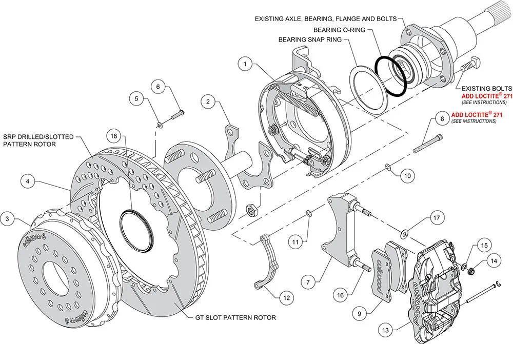 Wilwood AERO4 Rear P-Brake Kit 14.00in Drill Red MoparDana 2.36in Off wSnap Ring Brng product image