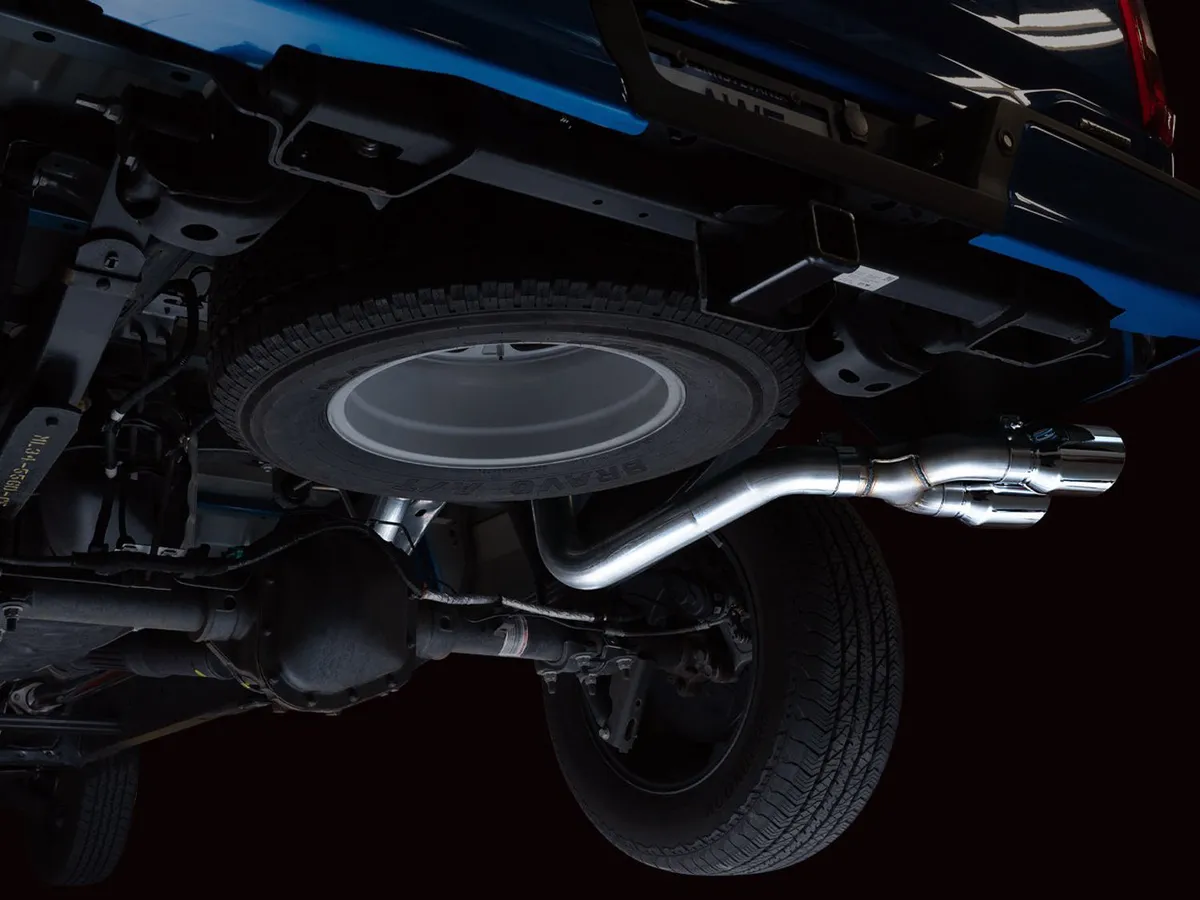 AWE 0FG Dual Split Rear Exhaust for '21+ Ford F-150 - 5" Diamond Black Tips product image