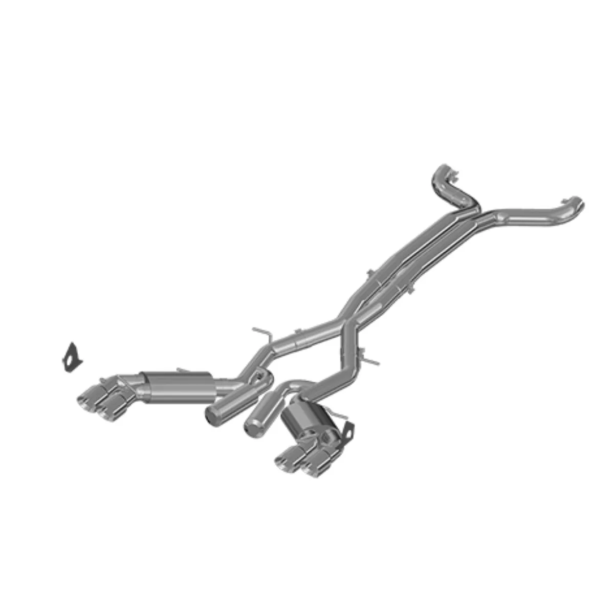 Armor Plus Cat Back Exhaust System; 3 in.; Incl. Front Pipes/X-Pipe/Extension Pipes/Hardware/Quad 4 in. OD Tips; Dual Split Rear Exit; Street Version; T409 Stainless Steel; product image