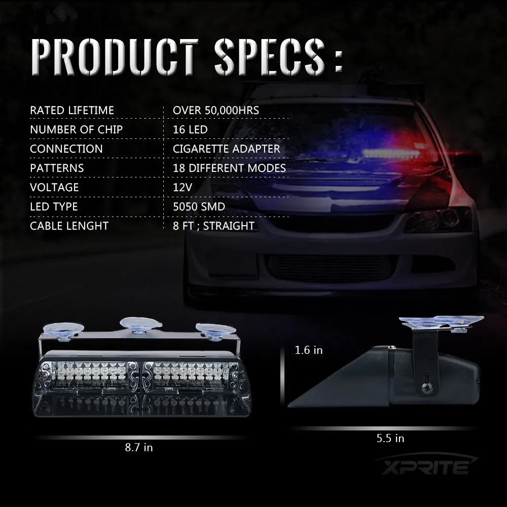 Xprite LED Windshield Strobe Light Bar with Suction Cups – Dash Emergency Warning Lights for Police, Construction & Safety Vehicles | Undercover Series product image