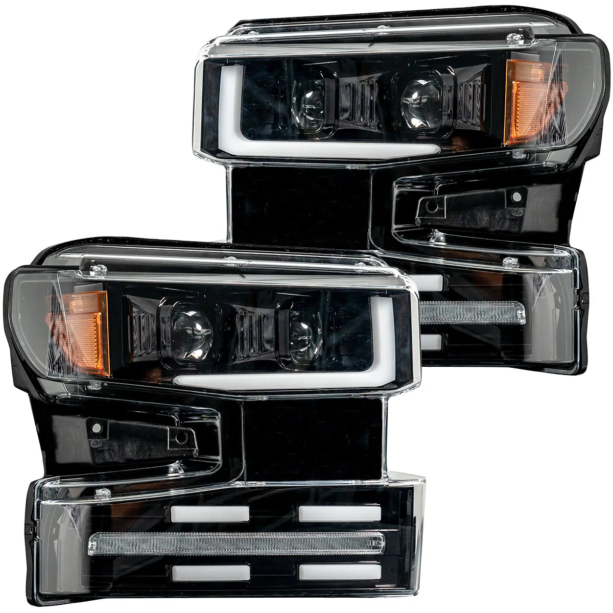 Chevrolet Silverado 19-20 1500 4th Gen Body Style w OEM Halogen And Standard Reflector Housing - Halogen Projector Headlights w Ultra High Power Smooth Oled DRL And Scanning Switchback High Power Amber LED Turn Signals - Smoked Black product image