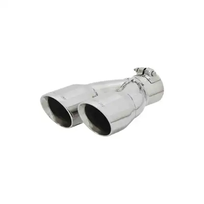 Flowmaster Exhaust Tip, Logo Embossed, Polished Stainless, Double Wall, Dual Angle Cut, Round 3.00" Tip dia. x 2.50" Pipe dia. x 10.00" Length, Clamp On, Right, ea