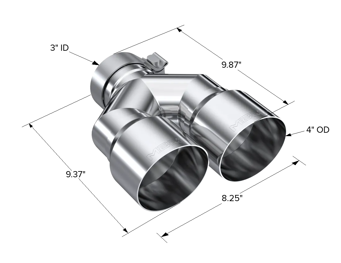 Armor Pro Exhaust Tip; 3 in. Inlet Diameter; 4 in. Outlet Diameter; Right Tip 9.87 in. Length; Left Tip 9.37 in. Length; T304 Stainless Steel; Dual Out; Mirror Polished; product image