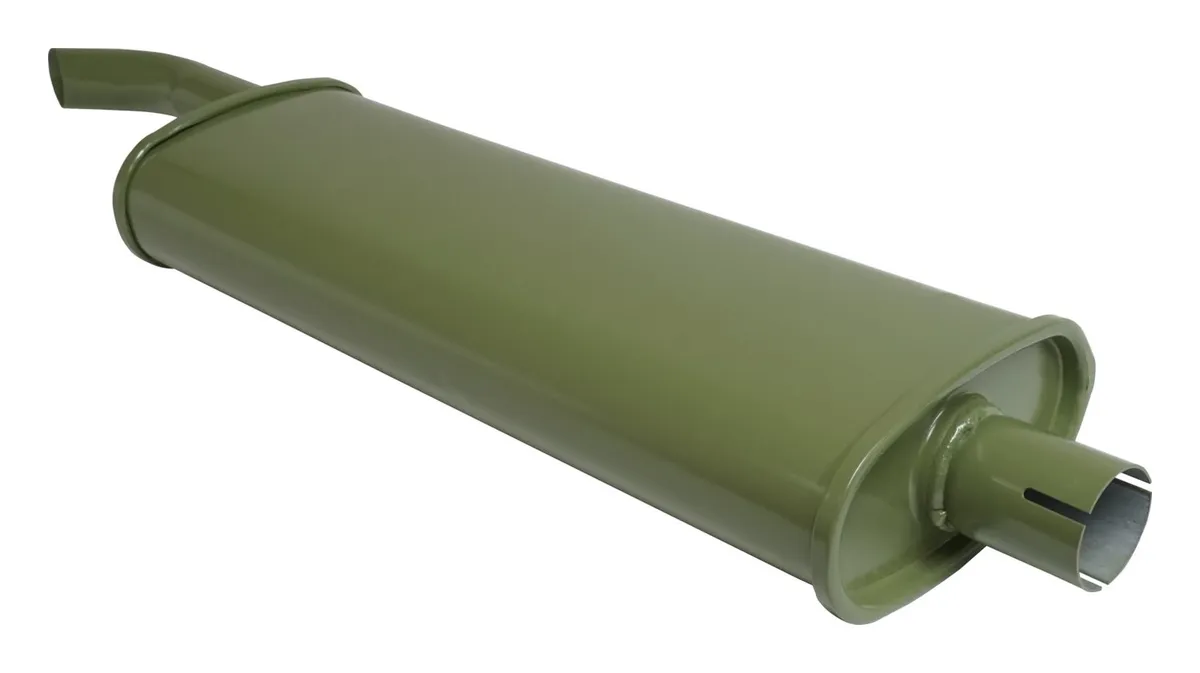 Crown Automotive Jeep Replacement A6118 Muffler for 1941-45 Jeep MB & CJ-2A, Olive Drab, Exits Behind the Passenger Door product image
