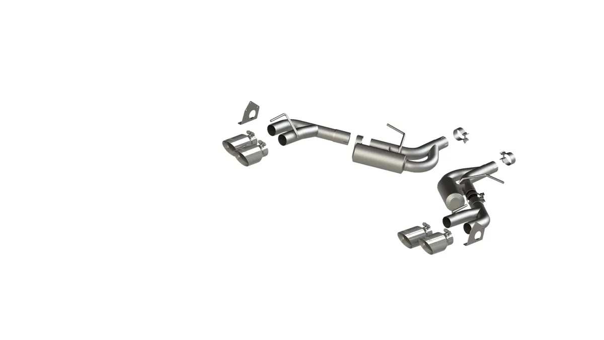 Armor Pro Axle Back Exhaust System; 2.5 in.; Incl. Ext. Pipes/Tailpipes/Actuator Brackets/Hardware/Quad 4 in. OD Dual Wall Tips; Split Rear Exit; w/NPP; 304 Stainless Steel; product image