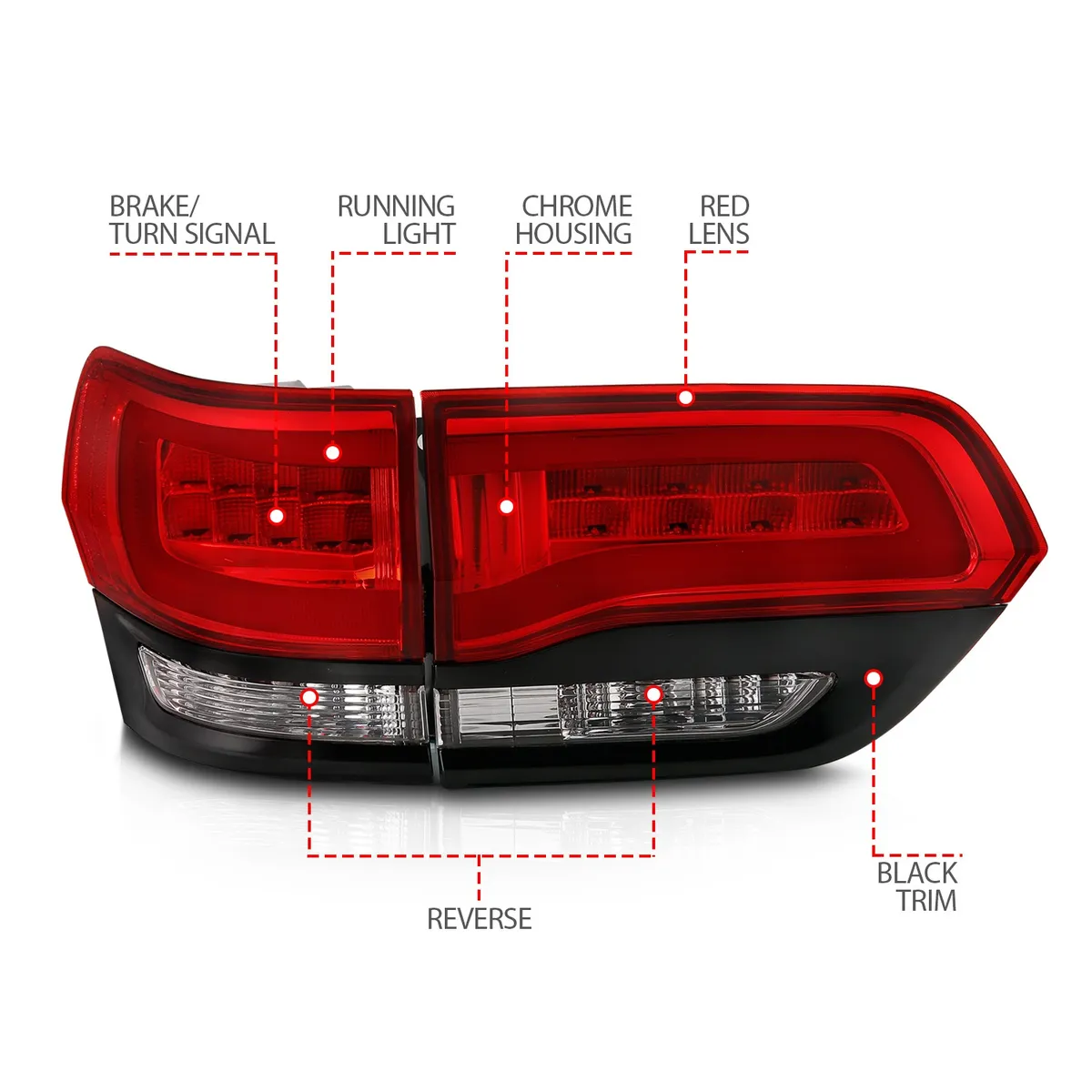 Jeep Grand Cherokee 14-22 LED Tail Lights Red/Clear Black Trim (4pcs) product image