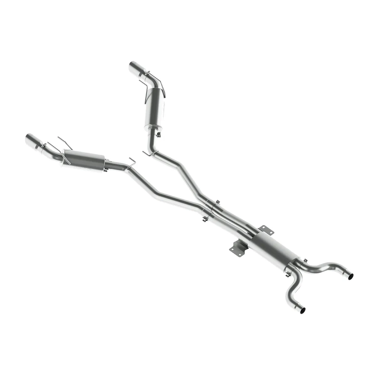 Armor Plus Cat Back Exhaust System; 3 in.; Incl. Front Pipe/Resonator/Tailpipes/Mufflers/Hardware/4 in. OD Round Tips; Dual Split Side Exit; T409 Stainless Steel; product image