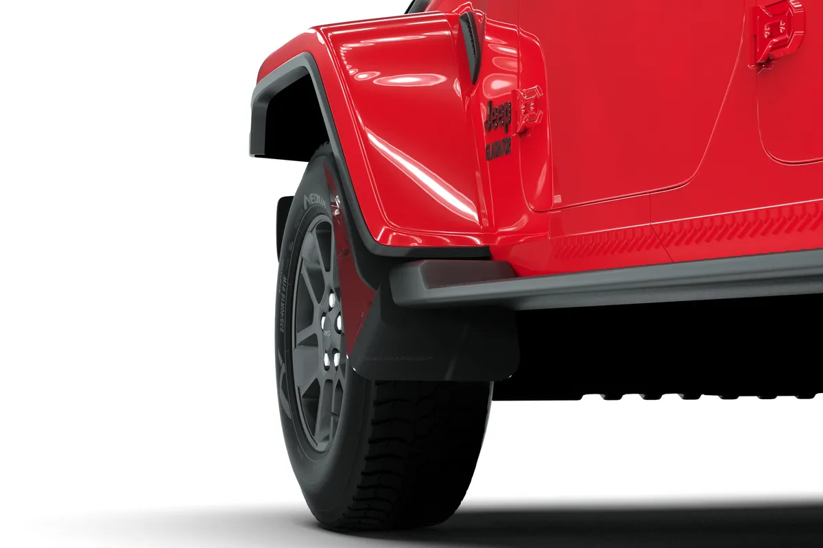Rally Armor MF104-BLK-MBK - 2019-25 Jeep JT Gladiator Mojave, Rubicon - Black Mud Flap/Metallic Black Logo product image