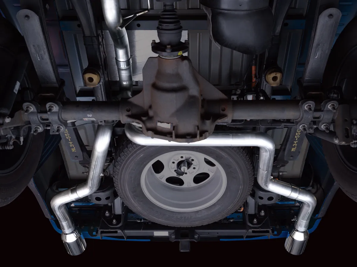 AWE 0FG Dual Split Rear Exhaust for '21+ Ford F-150 - 5" Diamond Black Tips product image