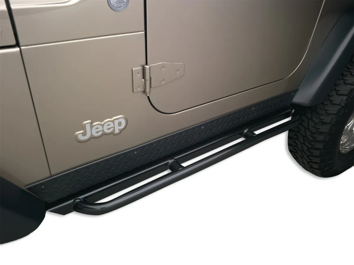 Rockcrawler Side Guards; 2in.X3in. Rectangle Tube w/Tapered/Enclosed/Welded Ends And Additional 1.5in.X0.140in. Wall Kick Out Tube; Textured Black Powder Coated; product image