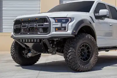 Addictive Desert Designs 2017 Ford F-150 Rapter ADD PRO Front Bumper Bumper Color Hammer Black Panel Color Satin Black Center Mount 20 Radius Light Bar Up to 7 Cube Lights Universal Mount