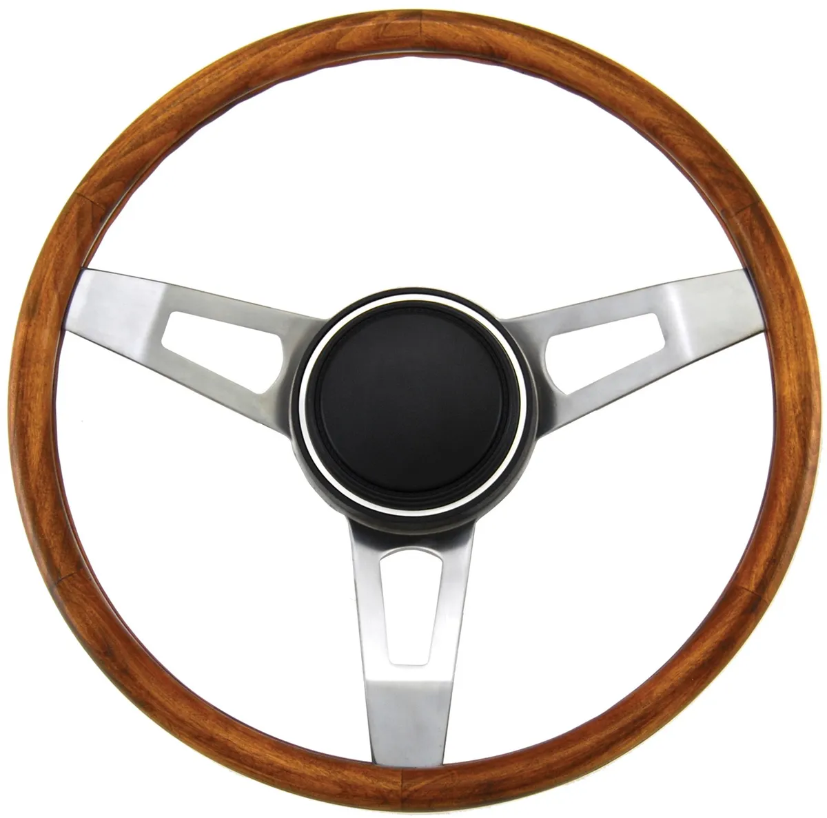 Classic Series Nostalgia Steering Wheel; 15 in. Diameter; 1 3/4 in. Dish; Walnut Hardwood Grip; Steel Nickel Plate 3-Spoke Design; Includes Horn Button PN[5699]; product image
