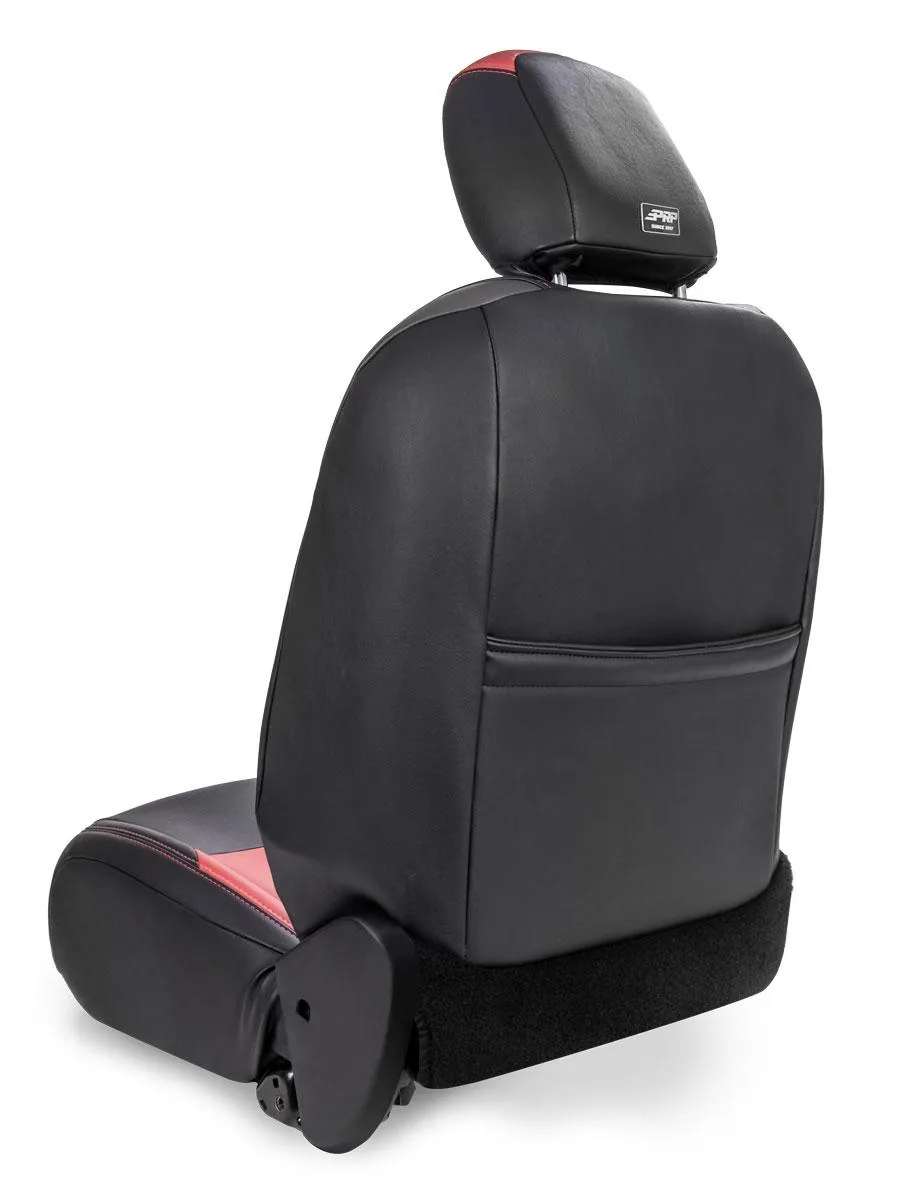 Front Seat Covers For 18-24 Jeep Wrangler JL 2 Door with Pocket Back Pair Black with Red Stitching PRP Seats product image