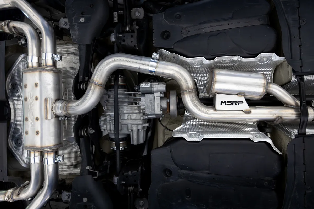 Armor Pro Cat Back Exhaust System; 3 in.; Quad Split Rear Exit; 4.5 in. Carbon Fiber Tips; w/Active Exhaust; T304 Stainless Steel; product image