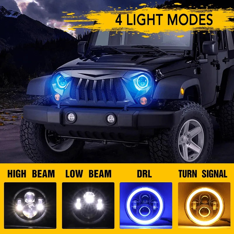 LED RGB Color Changing Halo Headlights with Amber Turn Signal + Fog Light Kit Combo For 2007-2018 Jeep Wrangler JK product image