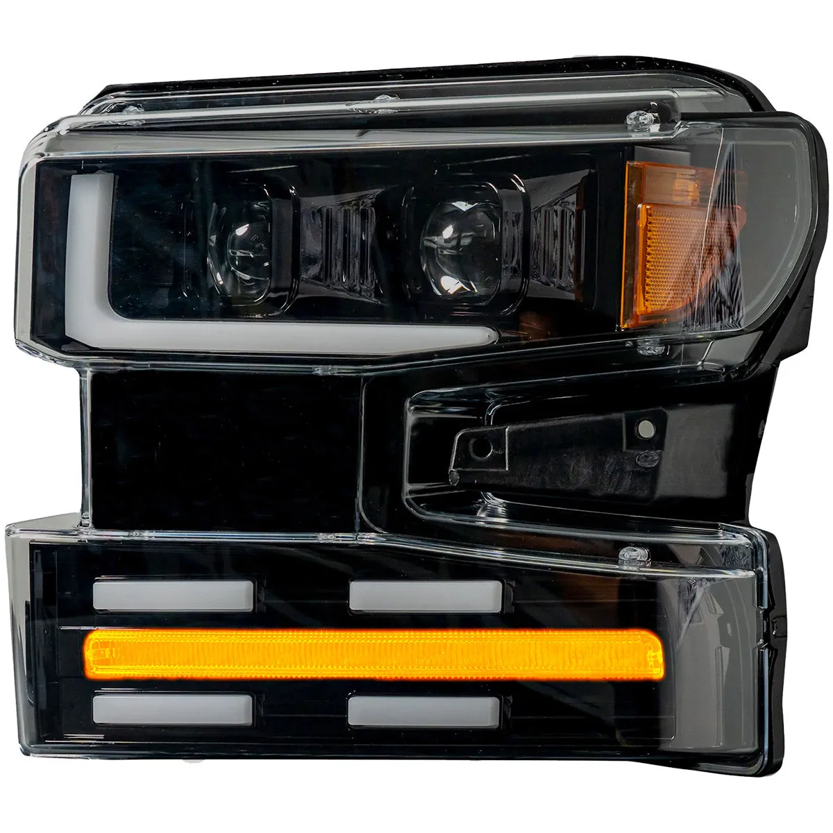 Chevrolet Silverado 19-20 1500 4th Gen Body Style w OEM Halogen And Standard Reflector Housing - Halogen Projector Headlights w Ultra High Power Smooth Oled DRL And Scanning Switchback High Power Amber LED Turn Signals - Smoked Black product image