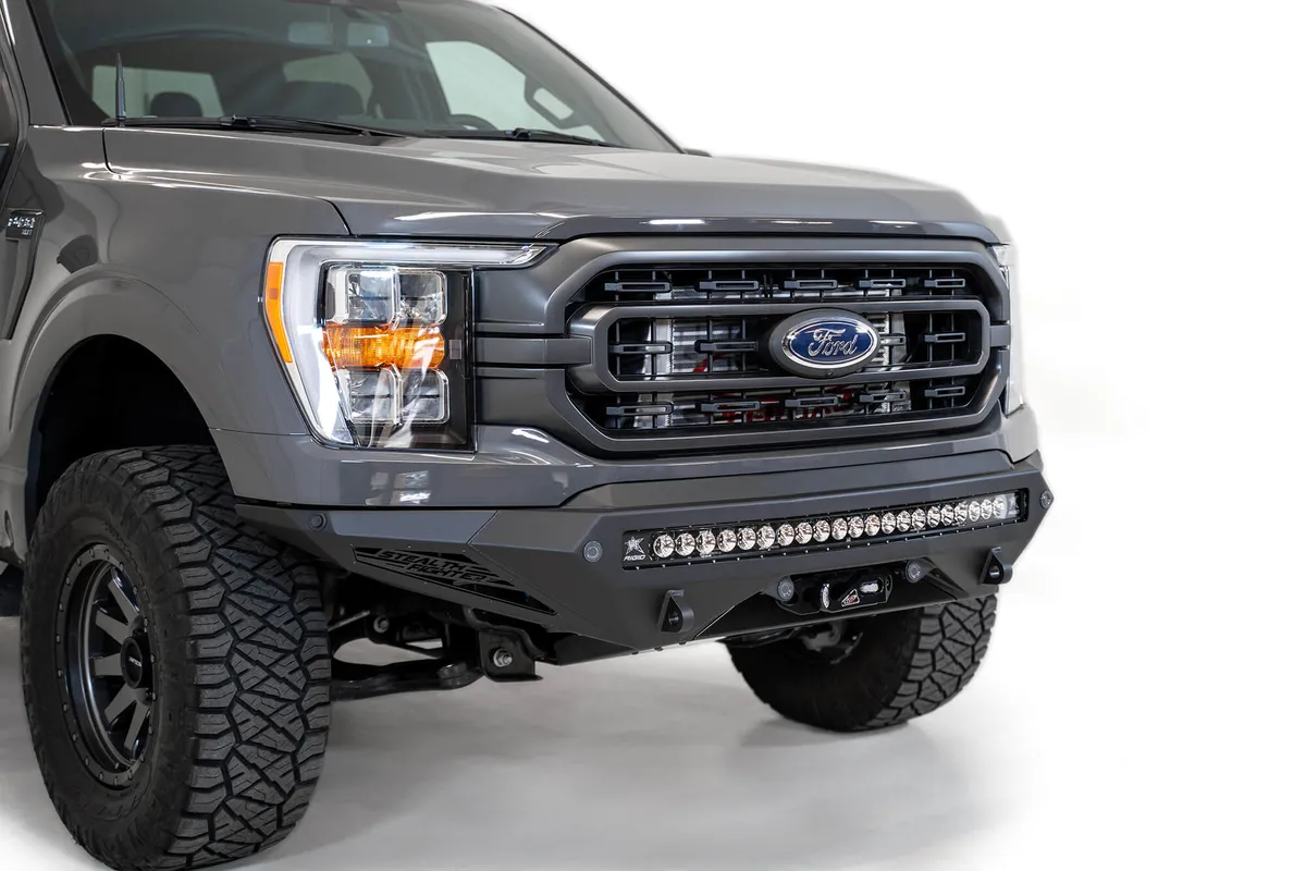 Ford F150 Stealth Fighter Winch Front Bumper with 10 Cube Mounts Universal Plate on op and 10 SR Cube Mounts on Sides with SENSOR Cutouts with D-ring Mounts in Hammer Black with Satin Black panels 2021 Ford F-150 product image