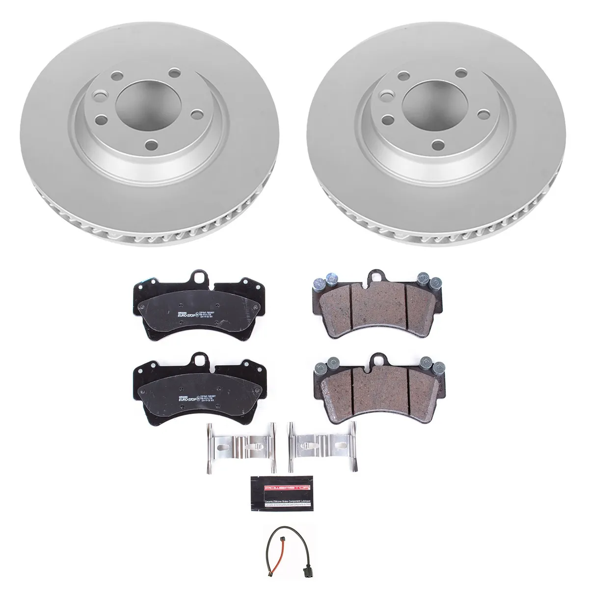 Euro-Stop Kit: Genuine Geomet Fully Coated Rotors; Ece-R90 Certified Pads W/Hardware; Pad Sensors product image