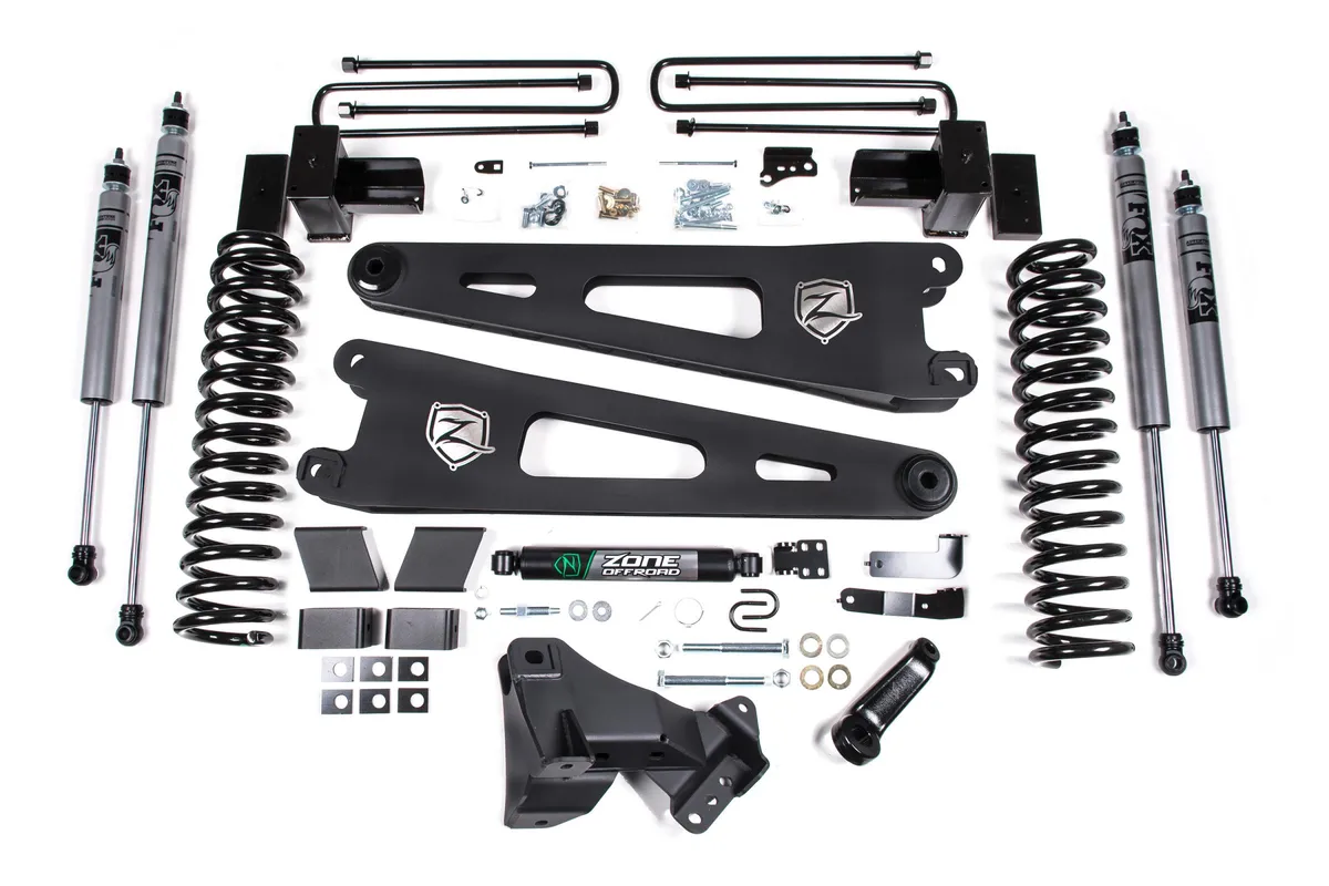 17-19 Ford F-250/350 Super Duty 4 Inch Radius Arm Lift Kit 2 Inch Rear Block Diesel 2 Leaf Main Fox Adventure Shocks Adventure Series Shocks Zone Offroad product image