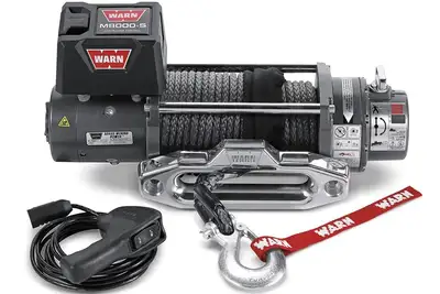 Warn WARN - Vehicle Mounted; Vehicle Recovery Winch; 12 Volt Electric; 8000 Pound Line Pull Capacity; 100 Foot Synthetic Rope; Hawse Fairlead; Wired Remote; Plane