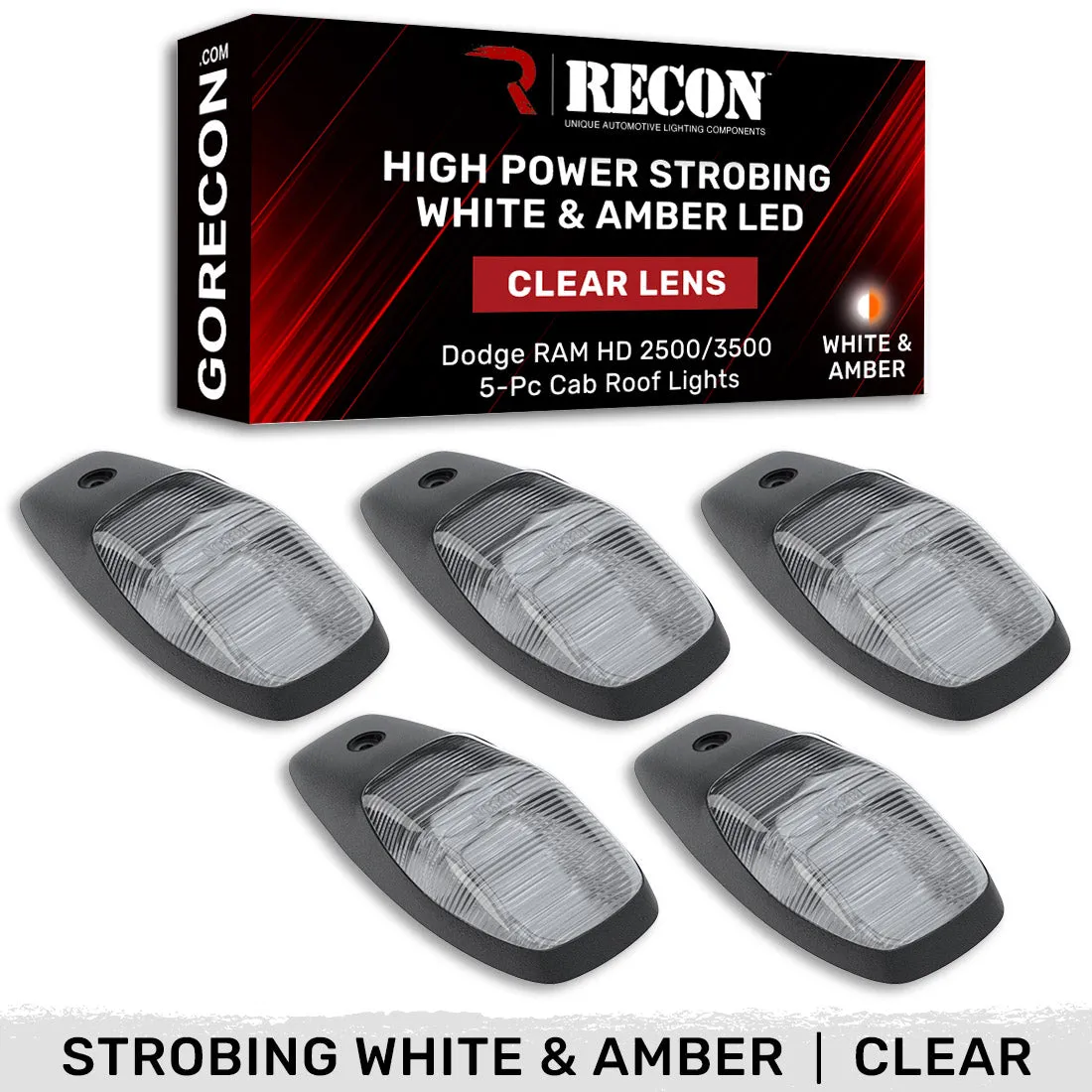CAB LIGHTS Dodge 19-21 Heavy-Duty 2500 and 3500 5-Piece Set Clear Cab Roof Light Kit with White and Amber Ultra High-Power Strobe LEDs and White or Amber Running Light LEDs product image