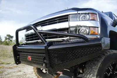 Fab Fours Black Steel Front Ranch Bumper; 2 Stage Black Powder Coated; w/Pre-Runner Grill Guard; Incl. Light Cut-Outs;