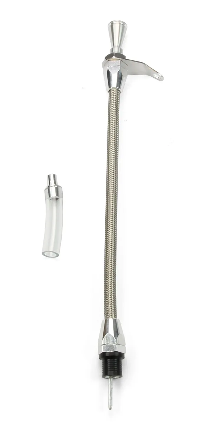 Hi-Tech Flexible Braided Transmission Dipstick; Transmount; Incl. Flexible Inner Dipstick/Funnel Adapter/Braided Stainless Outer Housing; Stainless Steel Finish; product image