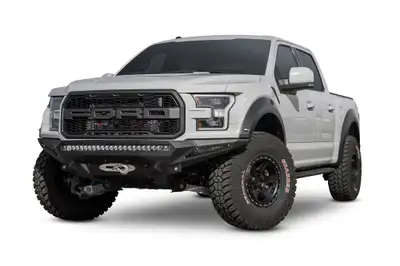 Addictive Desert Designs Ford Raptor 2017 - up Stealth Fighter Front Bumper with Winch Mount with 10 dually mountsuniversal plate on top and 10 SR mounts on outer with D-ring Clevis Mounts in Hammer Black with Satin Black panels