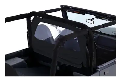 Crown Automotive Jeep Replacement 1976-1983 CJ-5 CJ Black Denim; Deflects air above the passenger area and reduces draft noise and moisture. Clear plastic windows provide excellent visibility. 1976-1986 CJ-7 CJ Black Denim; Deflects air above the passenger area and reduces draft noise