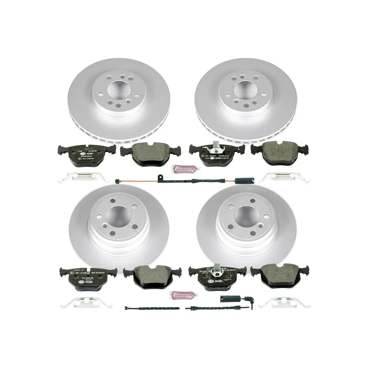 Euro-Stop Kit: Genuine Geomet Fully Coated Rotors; Ece-R90 Certified Pads W/Hardware; Pad Sensors product image