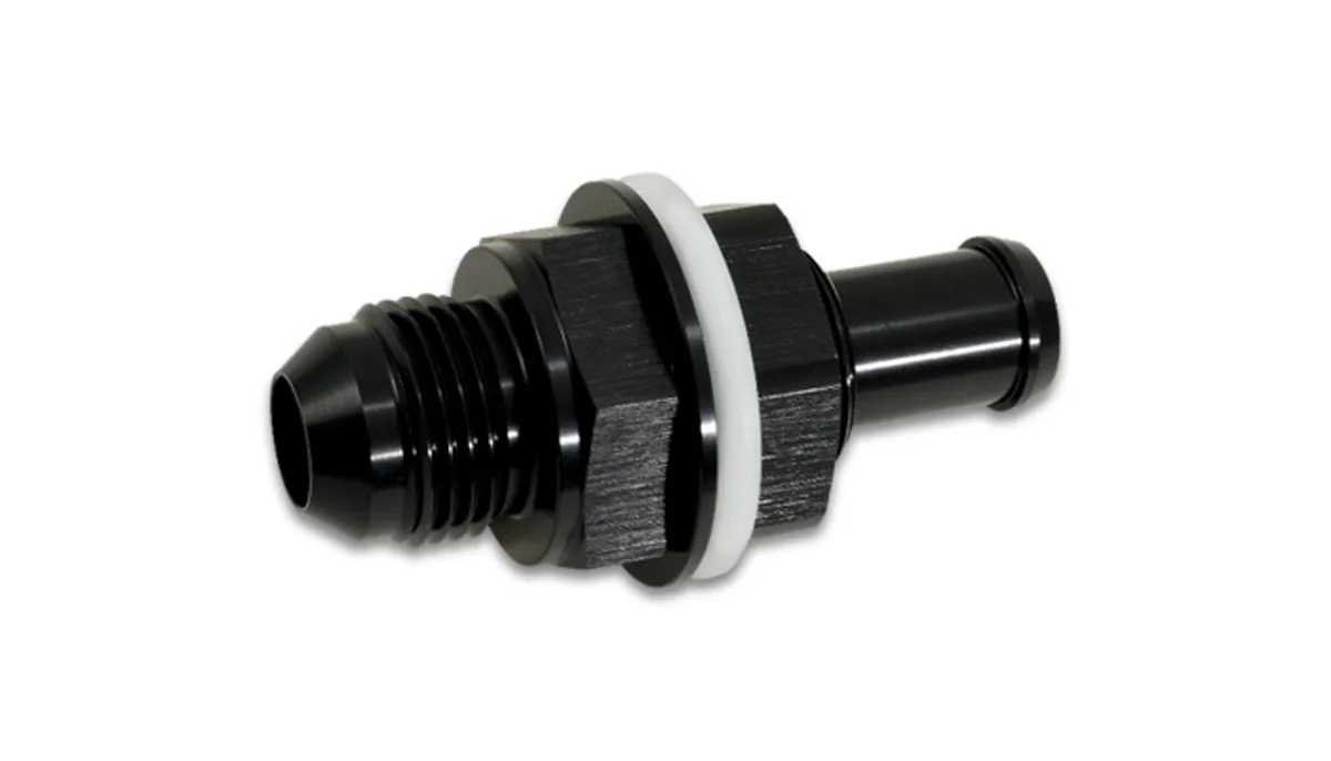 Vibrant Performance Fuel Cell Bulkhead Adapter Fitting; -6AN; 0.375 in. Barb Size; 6061 Aluminum; Black Anodized;