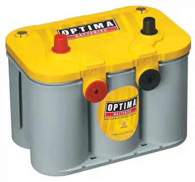 OPTIMA YellowTop® Deep Cycle Battery; UNBOXED; Group D34/78; Cold Crank Amps 750; Crank Amps 870; Res. Capacity 120; Ampere Hour 55; Top Terminal; L-10 in.; W-6 7/8 in.; H-7 13/16 in.;