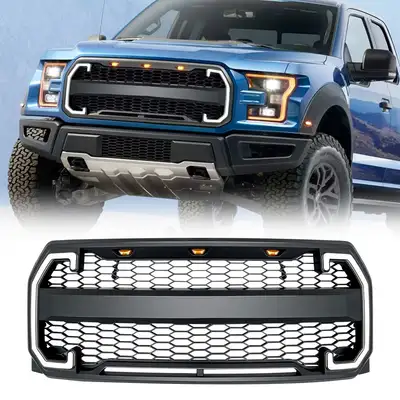 AMERICAN MODIFIED Raptor Style Mesh Grille W/ DRL & Turn Signal Lights - Matte Black For 2015-2017 Ford F150