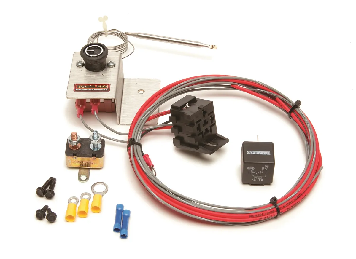 Adjustable Electric Fan Thermostat Kit; Incl. Thermostat; Bracket; 30 amp Relay; 30 Amp Circuit Breaker; Wiring; Terminals; Hardware; product image