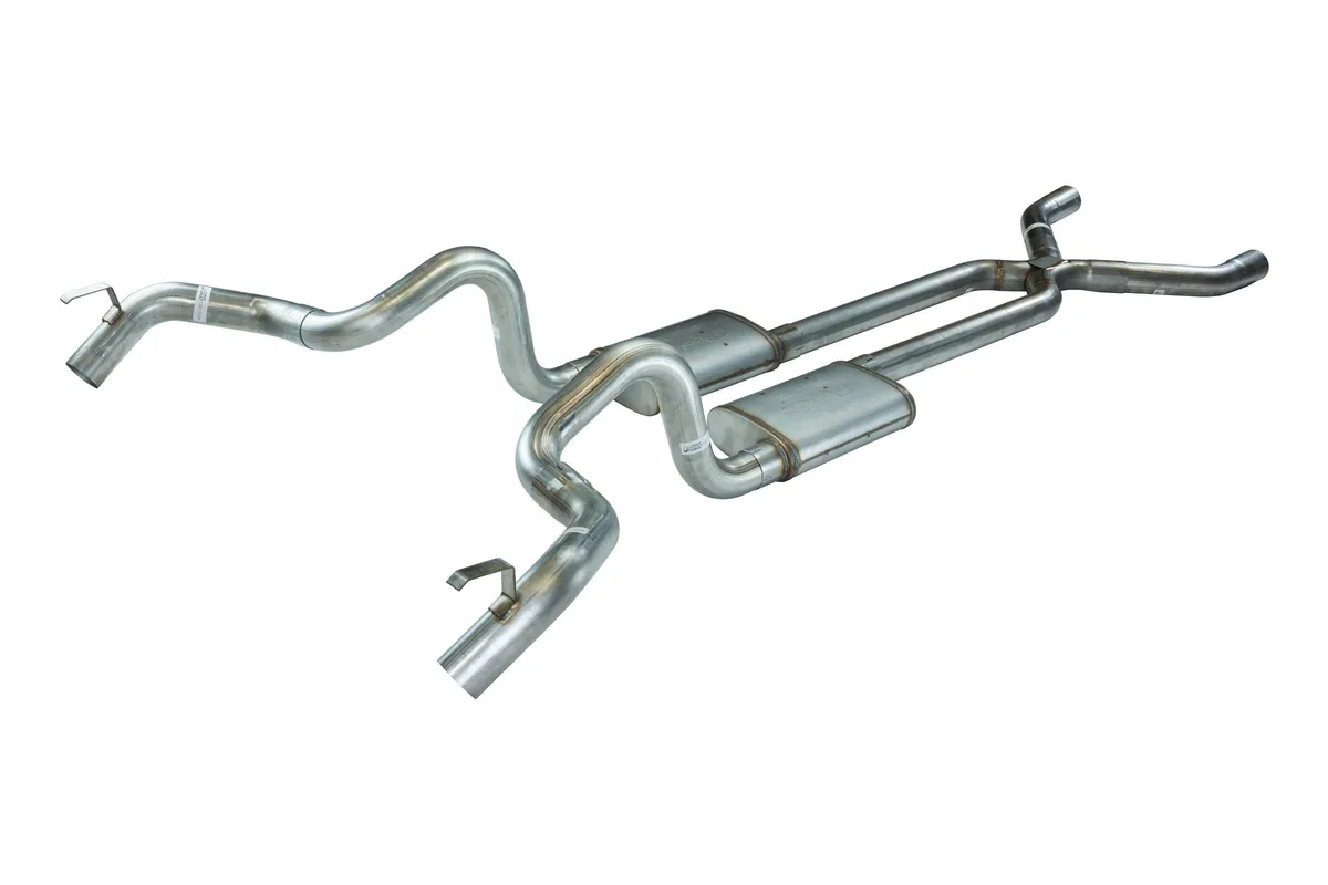 Crossmember Back w/X-Pipe Exhaust System 70-74 F-Body Split Rear Dual Quarter Exit 3in Intermediate And TailPipe Race Pro Mufflers/Hardware Incl Tip Not Incl Polished 409 Stainless Pypes Exhaust product image