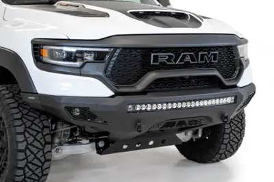 Addictive Desert Designs RAM 1500 Trx Stealth Fighter Front Bumper With D-Ring Clevis Mounts With 10 Single Small Square Light 40 Universal Mounts And Dually on The Side in Hammer Black With Satin Black Panels 2021 RAM 1500 Trx