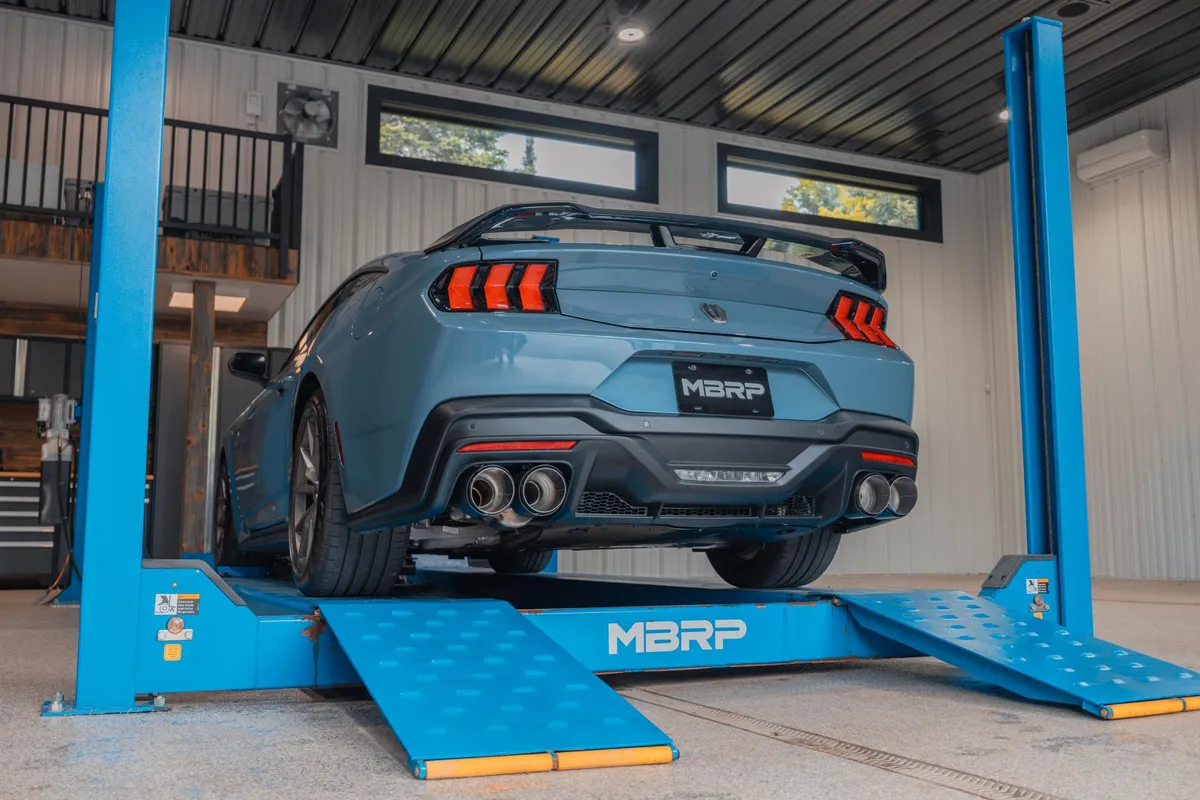 MBRP 2024-2025 Ford Mustang Dark Horse 5.0L T304 Stainless Steel 3 Cat-Back Quad Split Rear Exit with Carbon Fiber Tips Active S72843CF product image