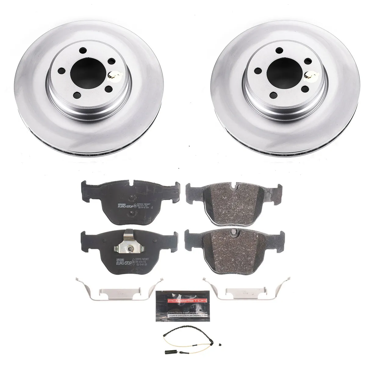 Euro-Stop Kit: Genuine Geomet Fully Coated Rotors; Ece-R90 Certified Pads W/Hardware; Pad Sensors product image