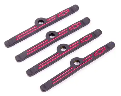 Proform Engine Valve Cover Holdown Clamps Black Crinkle w/Bowtie Logo SB Chevy 4 Pcs Red Lines & Bowties Chevrolet Performance Parts