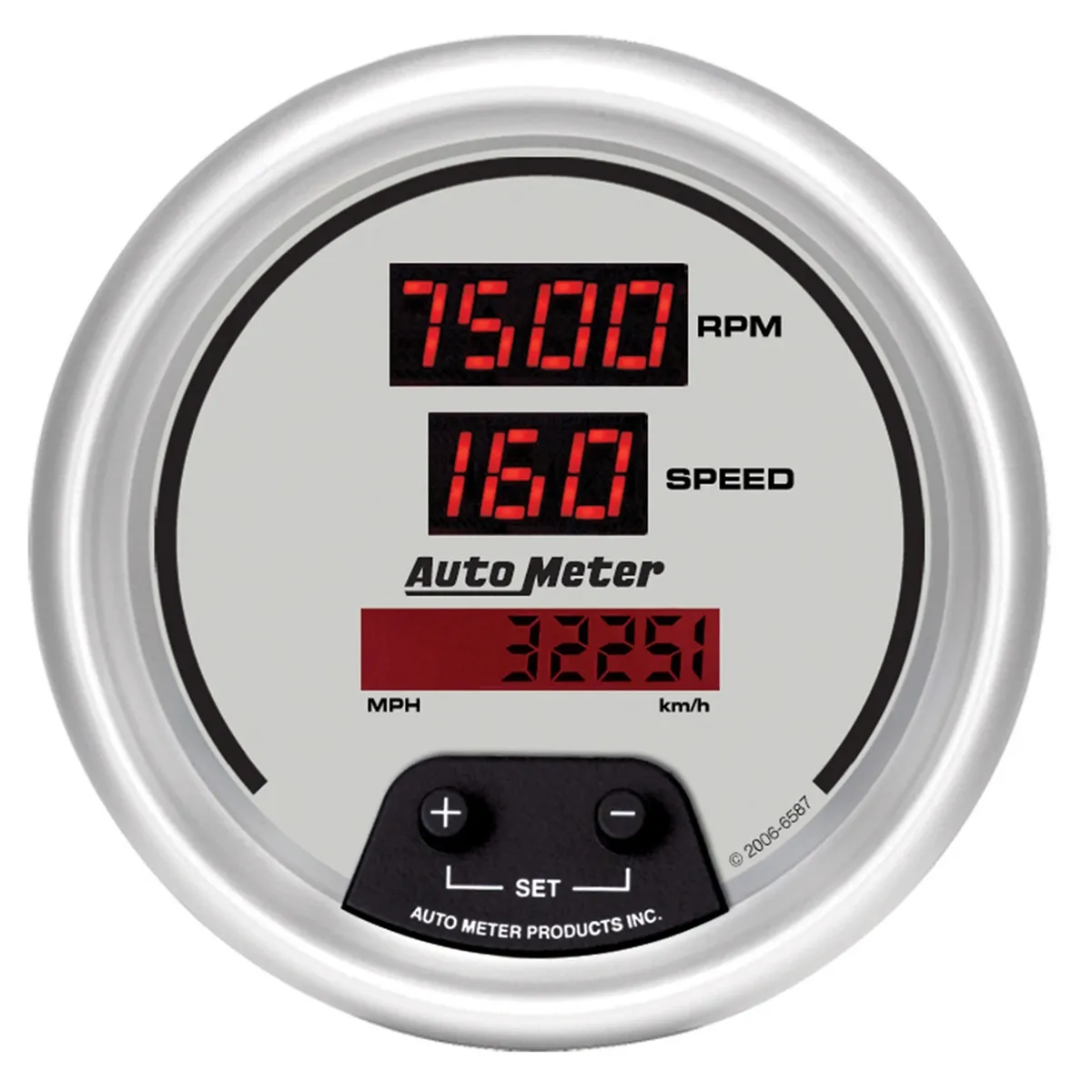 Gauge, Tach/Speedo, 3 3/8", 120mph/8k RPM, Elec. Program, Digital, Slvr Dial w/ Red LED product image