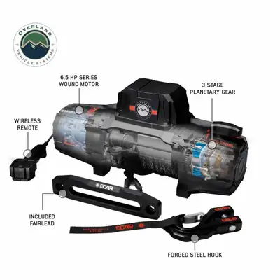 Overland Vehicle Systems SCAR 12P - 12,000 lb. Winch With Synthetic Rope and Wireless Remote Overland Vehicle Systems