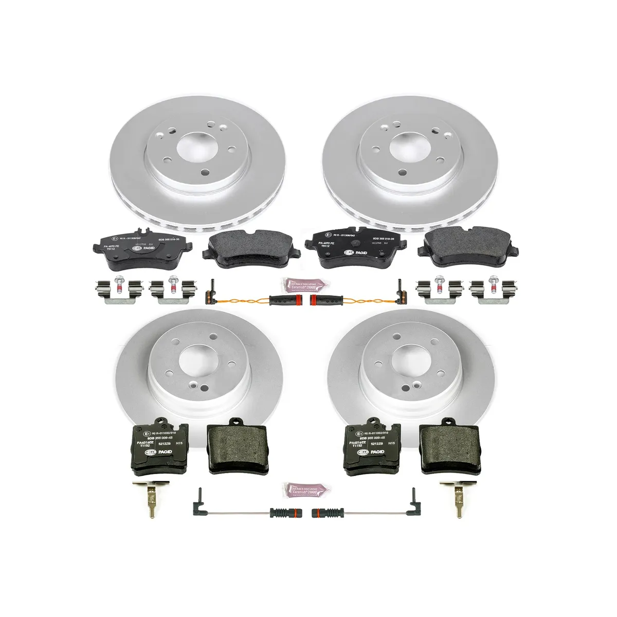 Euro-Stop Kit: Genuine Geomet Fully Coated Rotors; Ece-R90 Certified Pads W/Hardware; Pad Sensors product image