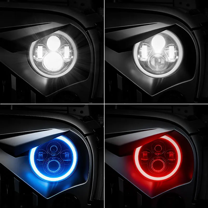 "7"" Jeep Wrangler LED Headlights with RGB Halo App Or Remote Control for 1997-2018" product image