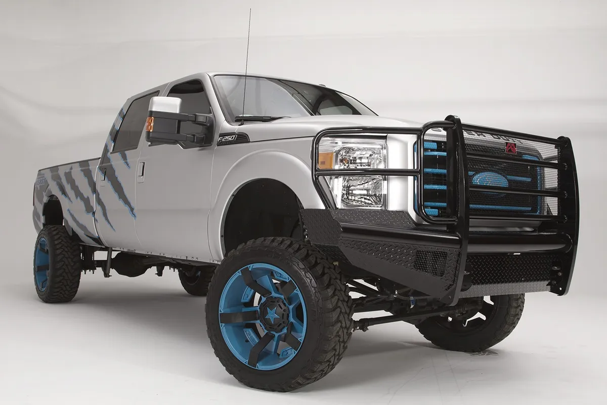 Black Steel Front Ranch Bumper; 2 Stage Black Powder Coated; w/Full Grill Guard; Incl. Light Cut-Outs; product image