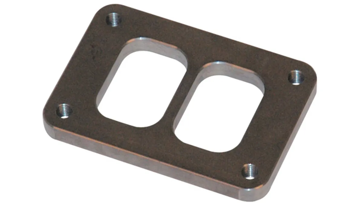 Turbo Inlet Flange; 69.9mm Bhcch; 82.55mm Bhccw; M10x1.5 Bhts; 95mm Overall h; 108mm Overall w; 0.5 In. Thickness; 50.3mm Port h; For T04 Divided Inlet; 304 Stainless Steel; product image